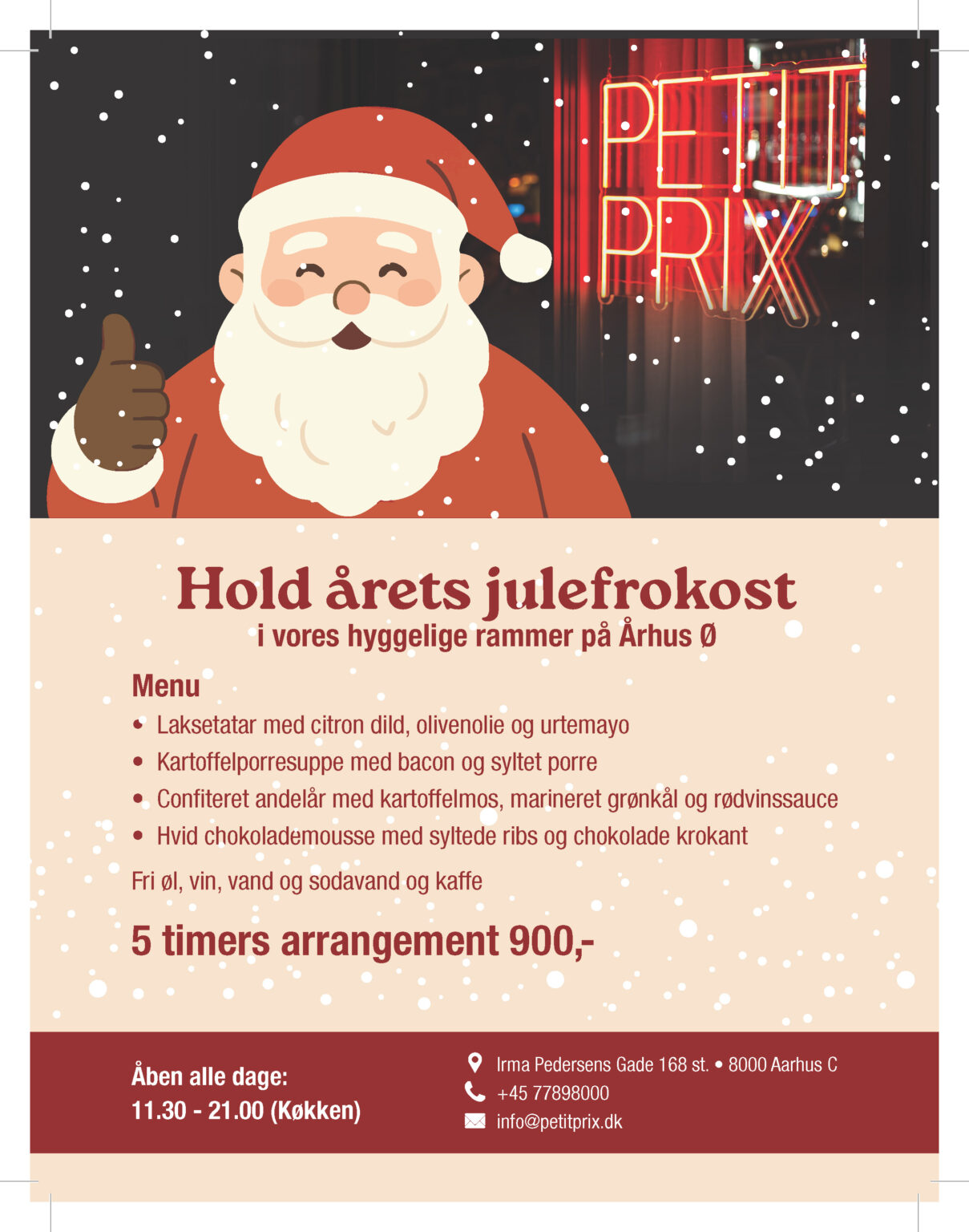 Julemand foran neonskiltet hos Petit Prix